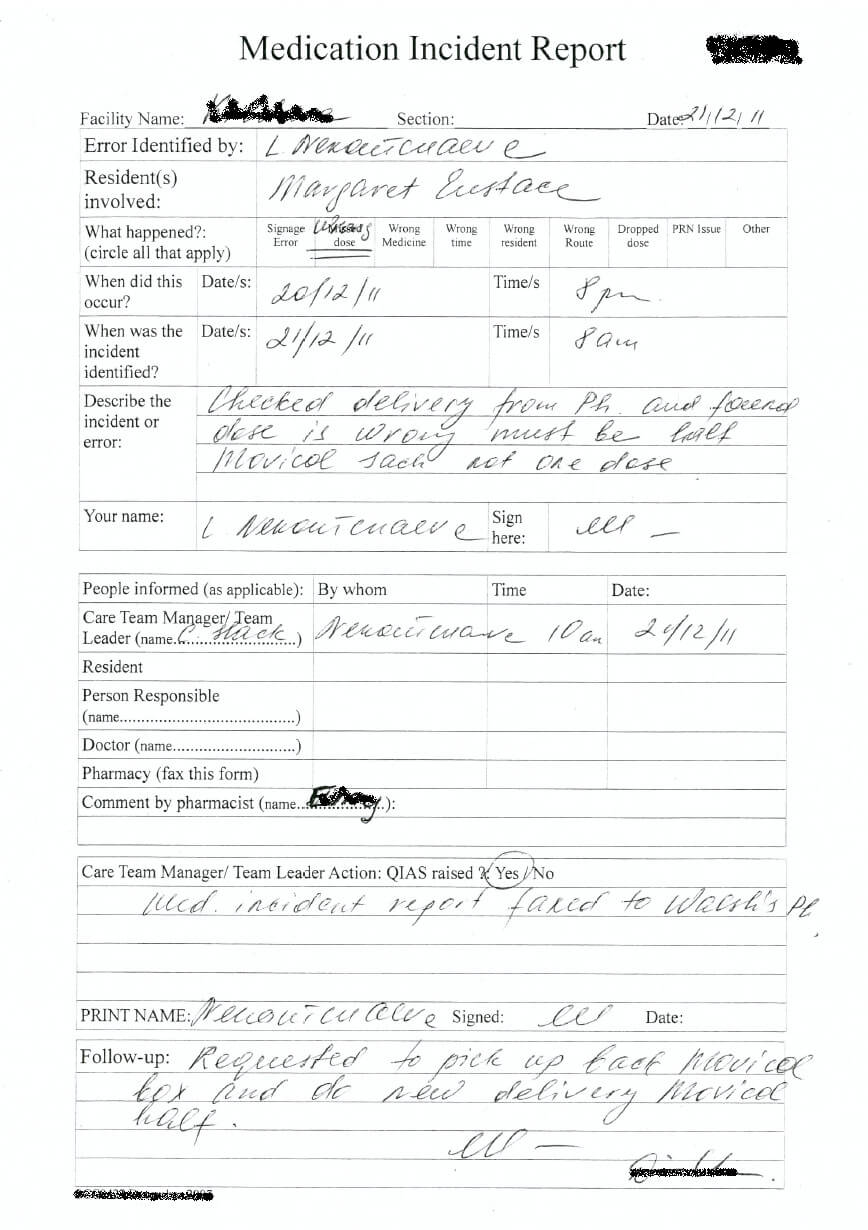 Medication Incident Reporting In Residential Aged Care Inside Medication Incident Report Form Template