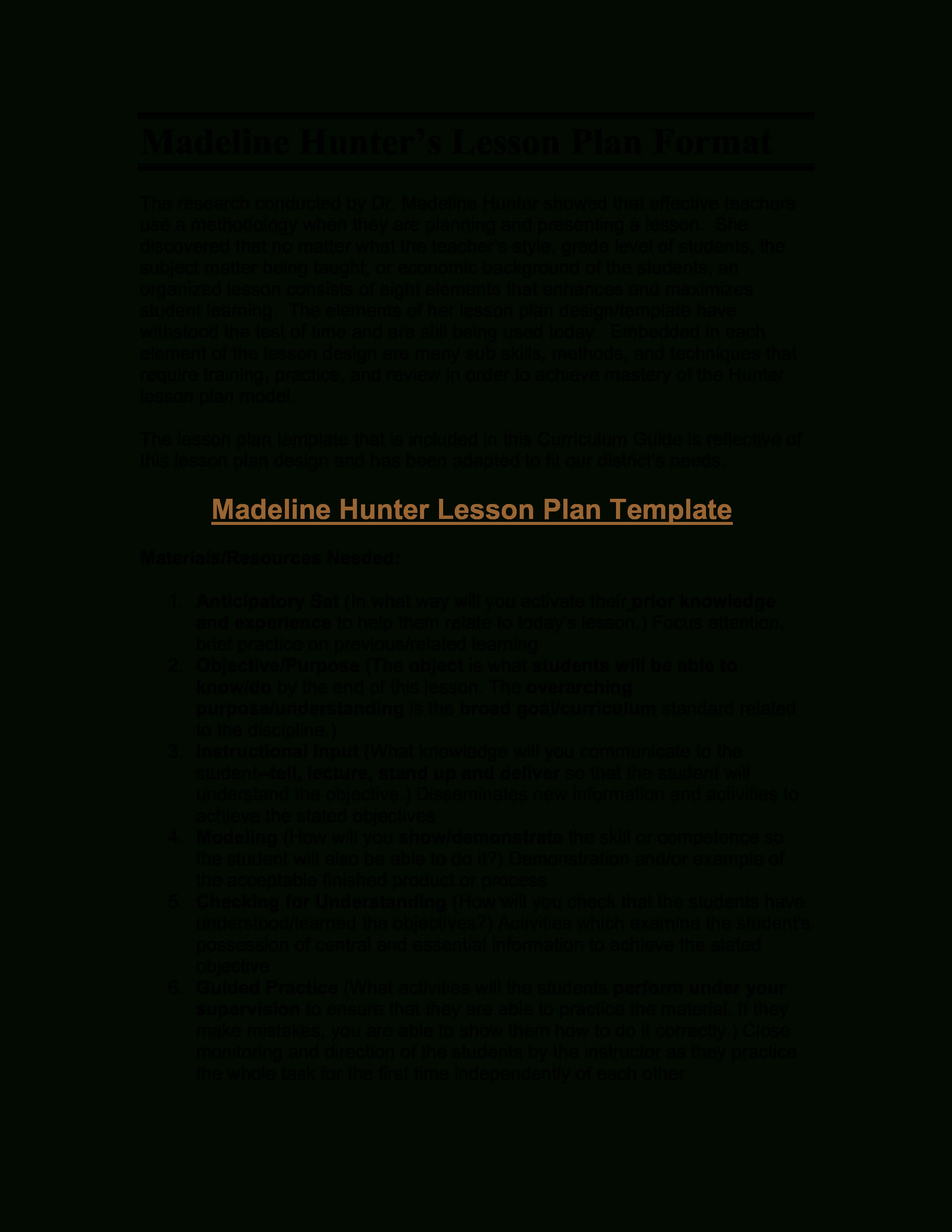 Microsoft Word – Madeline Hunter's Lesson Plan Format Inside Madeline Hunter Lesson Plan Blank Template