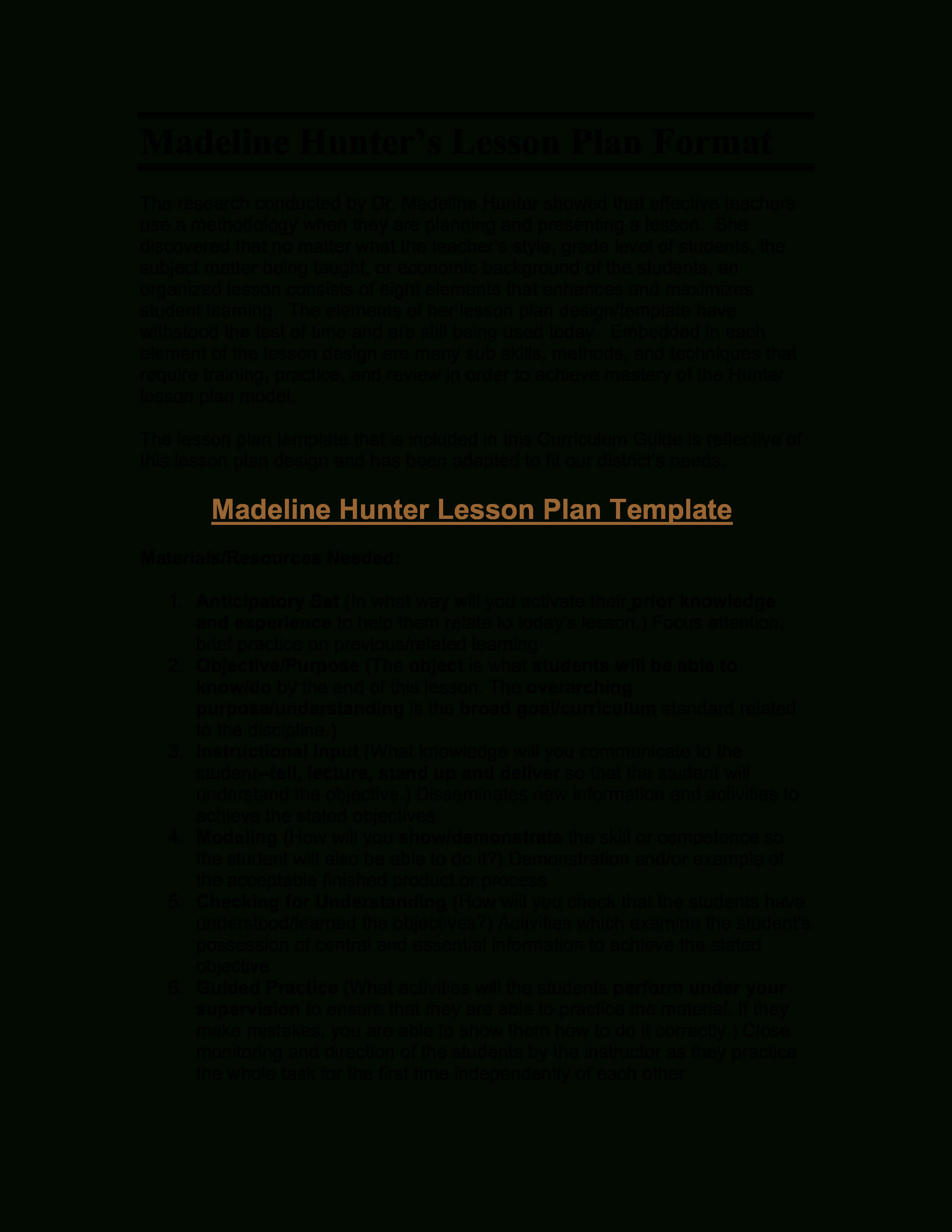 Microsoft Word – Madeline Hunter's Lesson Plan Format Pertaining To Madeline Hunter Lesson Plan Template Blank