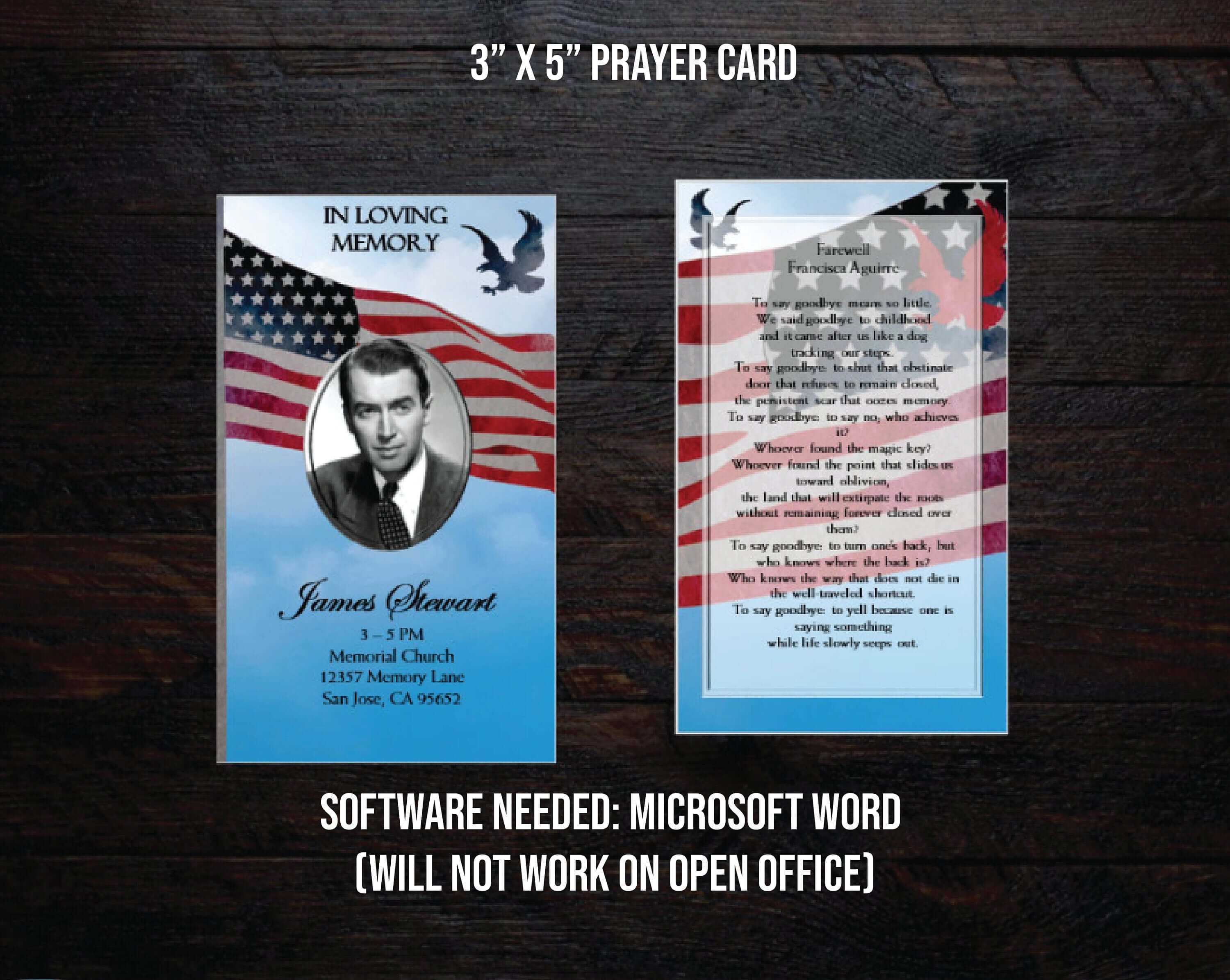 Microsoft Word Template Funeral Prayer Card | Memorial Prayer Card|  Editable Text | Us Flag | Military Men | Eagle In Prayer Card Template For Word