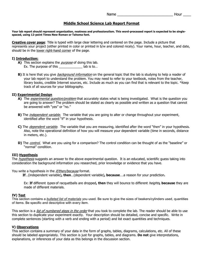 Middle School Science Lab Report Format In Science Lab Report Template