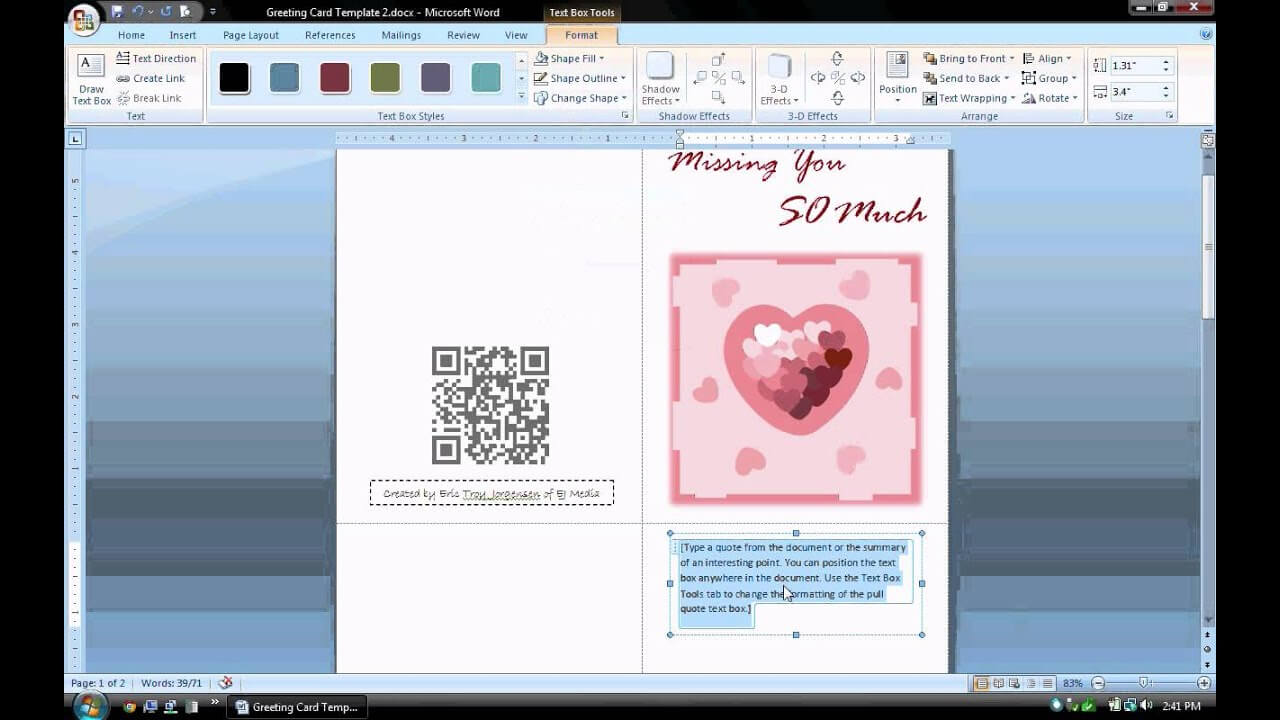Ms Word Tutorial (Part 1) – Greeting Card Template, Inserting And  Formatting Text, Rotating Text Regarding Half Fold Greeting Card Template Word