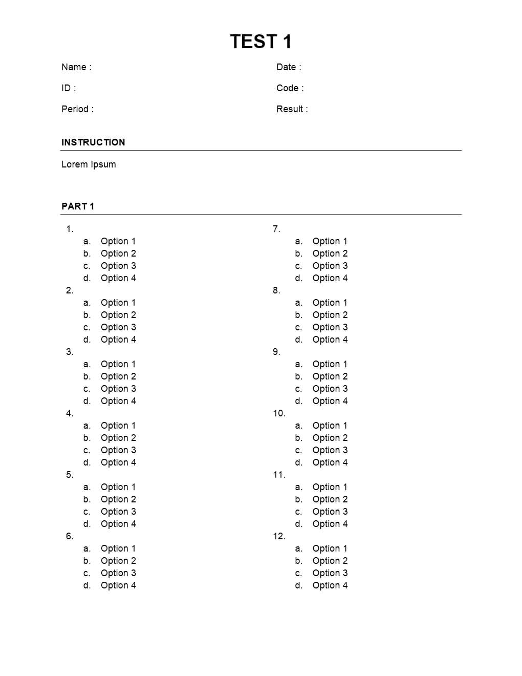 Multiple Choice Sheet Regarding Test Template For Word With Regard To Test Template For Word