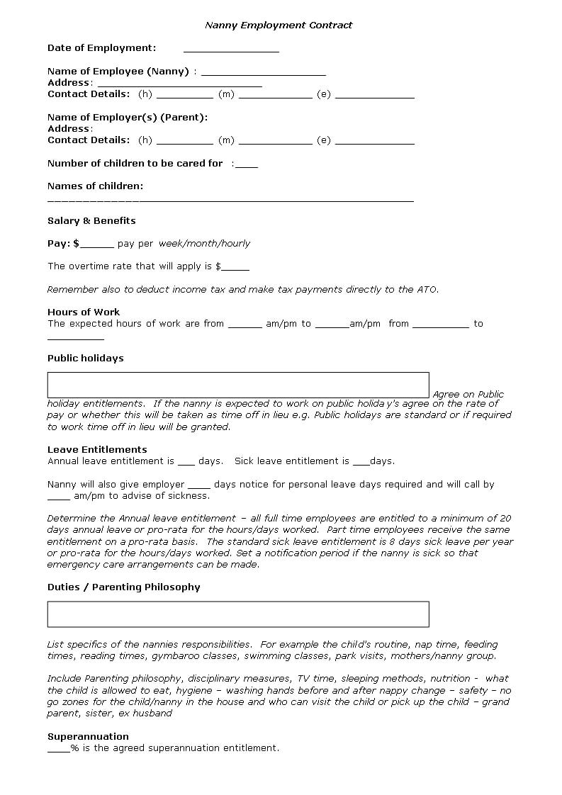 Nanny Contract Template - Nanny Agreement Template | Nanny Intended For Nanny Contract Template Word