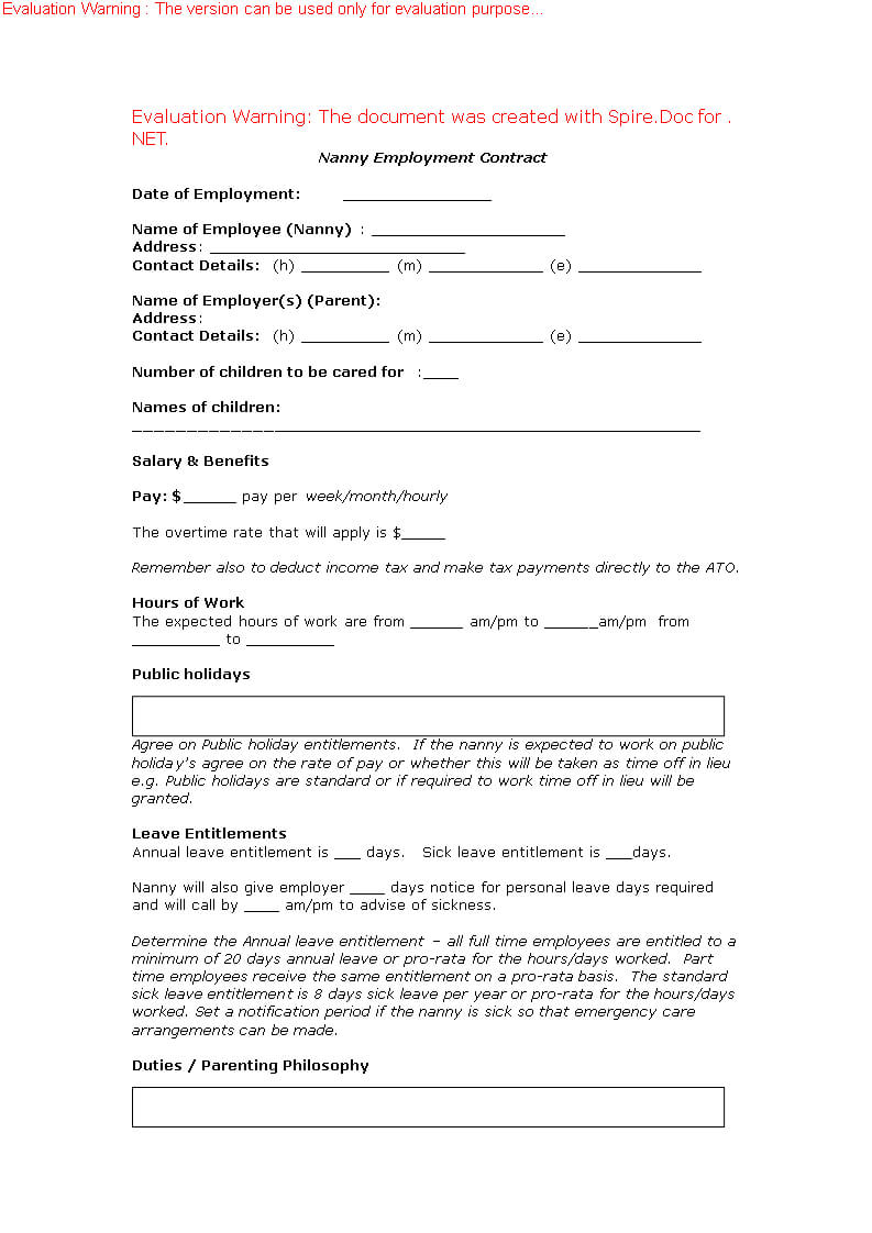 Nanny Employment Contract – | Nanny Contracts | Nanny Throughout Nanny Contract Template Word