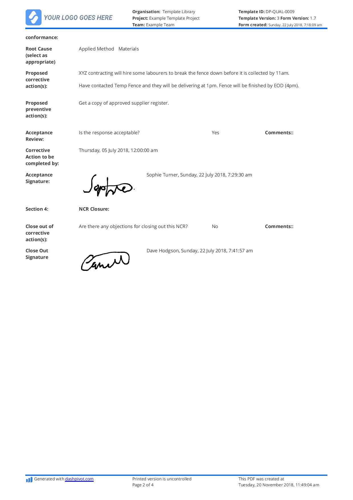 Non Conformance Report Example: Here's What Your Ncr Should In Ncr Report Template