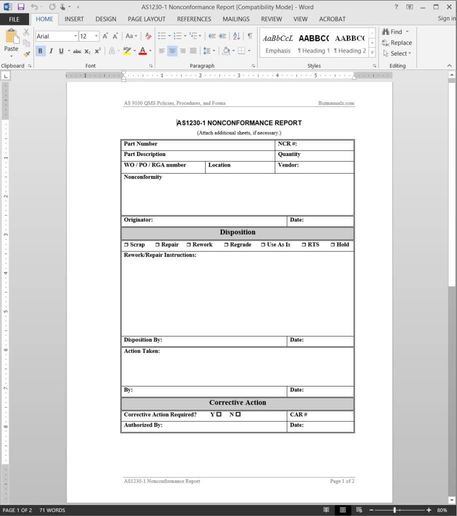 Nonconformance Report As9100 Template | As1230 1 With Ncr Report Template