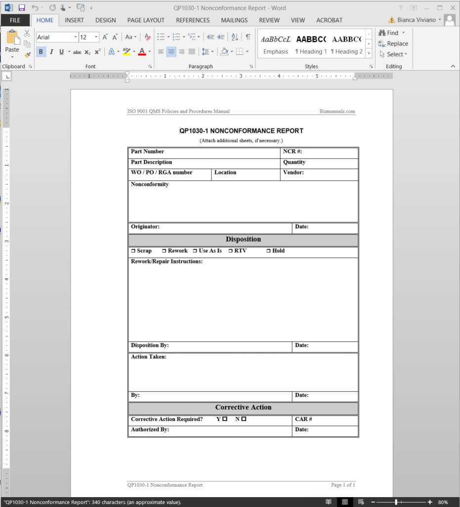 Nonconformance Report Iso Template | Qp1030 1 In Internal Audit Report Template Iso 9001