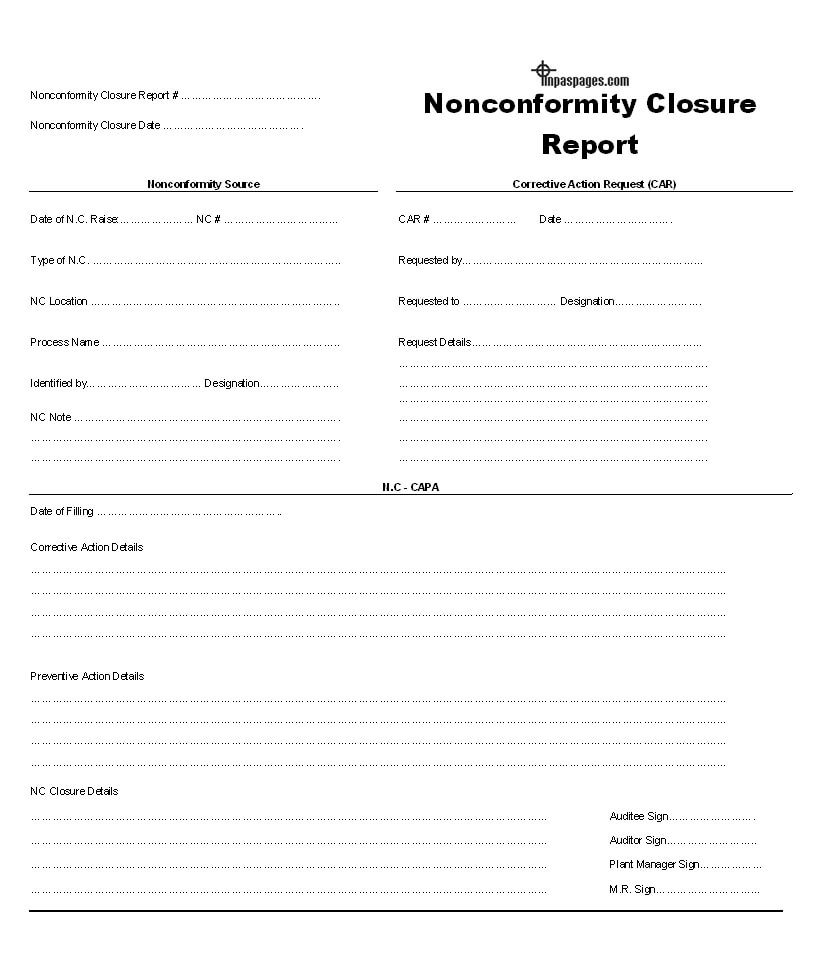 Nonconformity Closure Report Format Throughout Closure Report Template