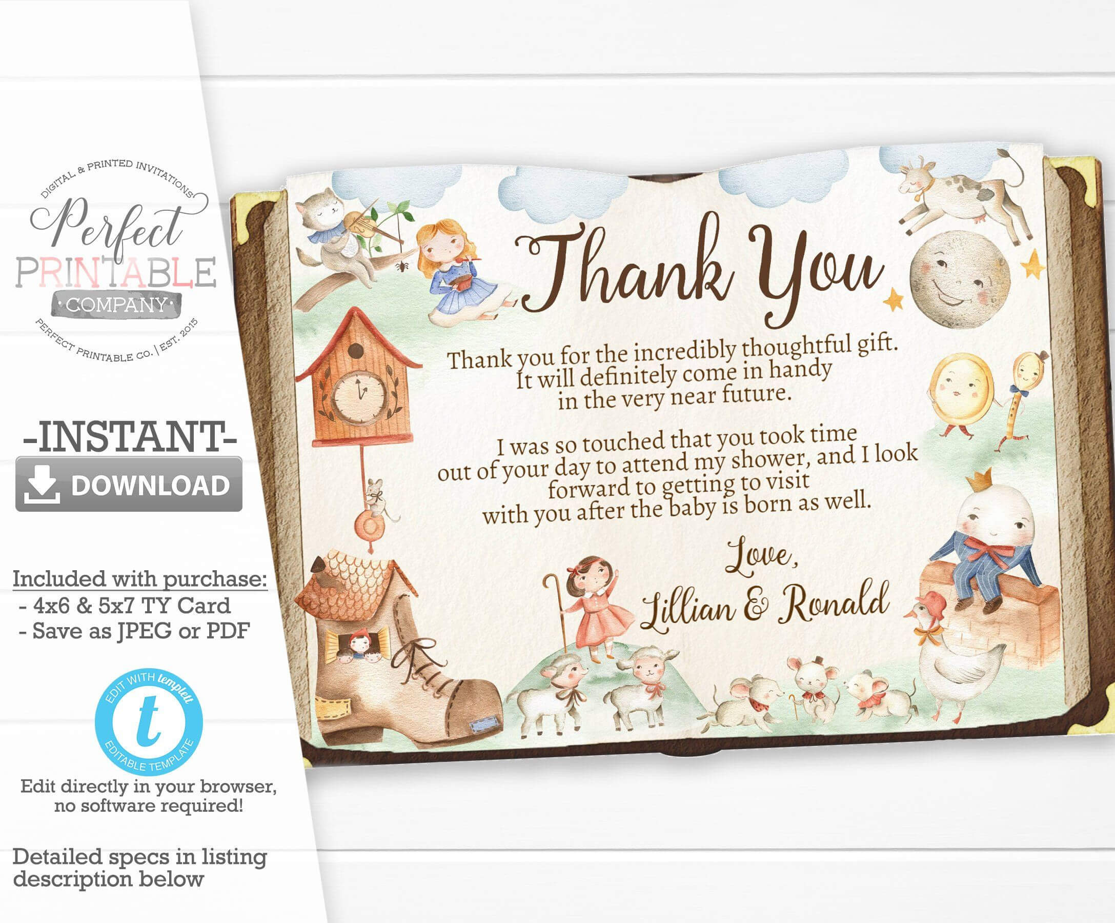 Nursery Rhyme Baby Shower Thank You Card, Mother Goose Thank Throughout Thank You Card Template For Baby Shower