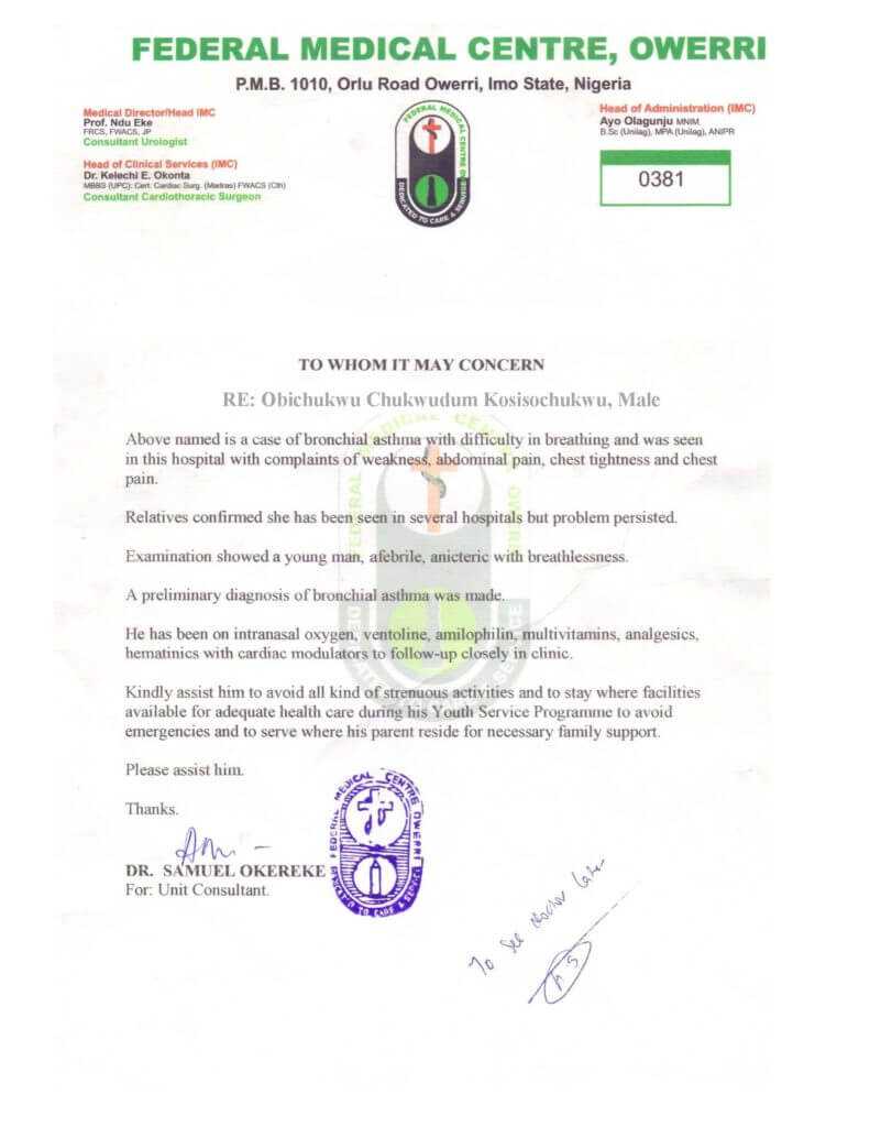 Nysc Relocation Medical Certificate Sample | Nibbleng Regarding Fake Medical Certificate Template Download