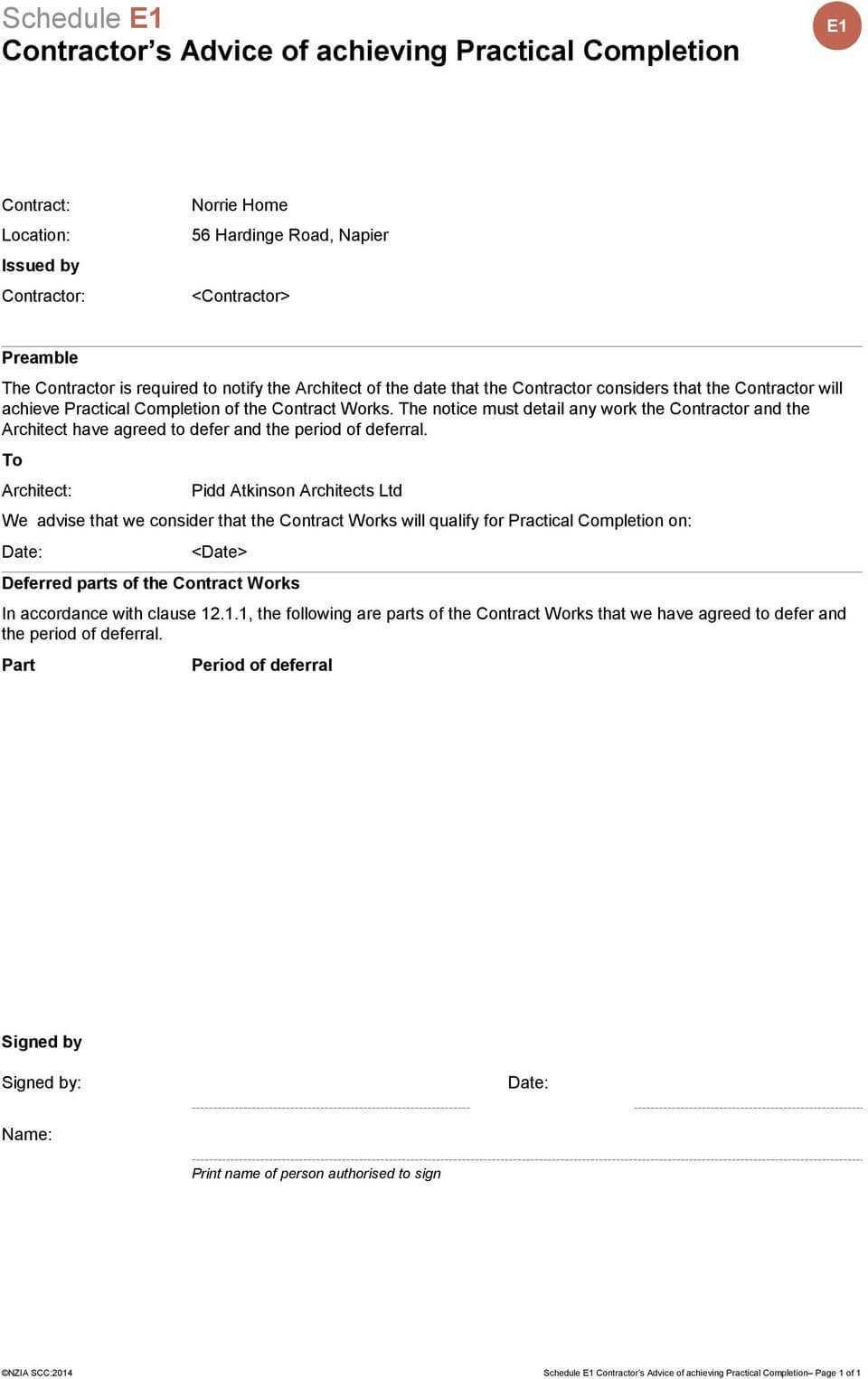 Nzia Standard Construction Contract – Pdf In Jct Practical Completion Certificate Template