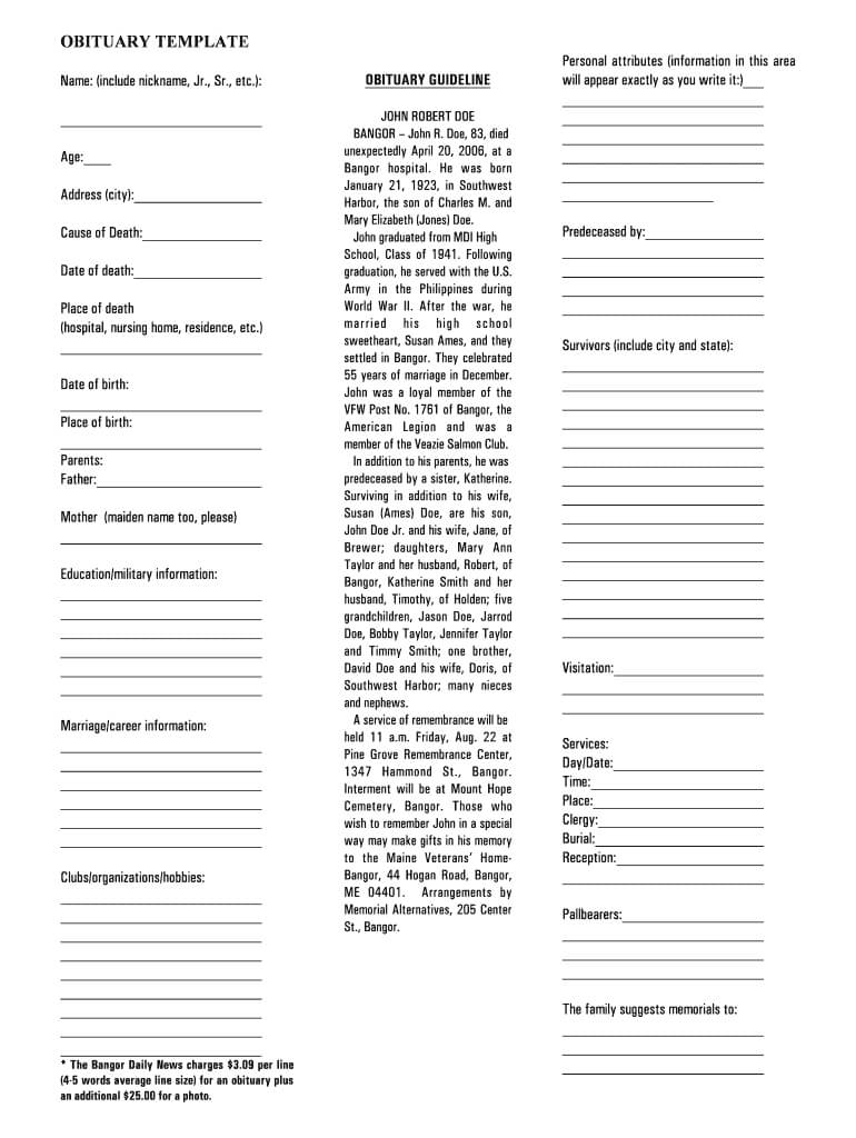 Obituary Template – Fill Online, Printable, Fillable, Blank Throughout Free Obituary Template For Microsoft Word