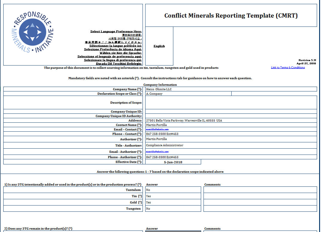 Ohmite - Conflict Minerals Reporting Template (Cmrt) - Rell Throughout Conflict Minerals Reporting Template
