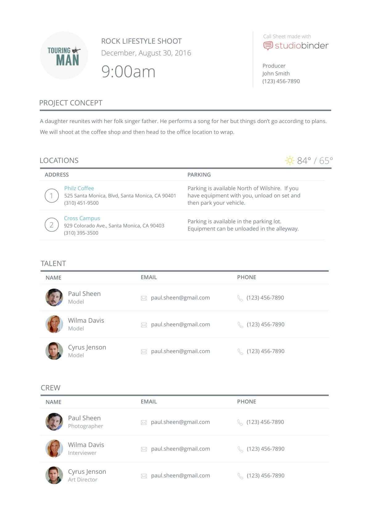 Online Call Sheet Templates For Film & Tv Production In 2019 In Film Call Sheet Template Word