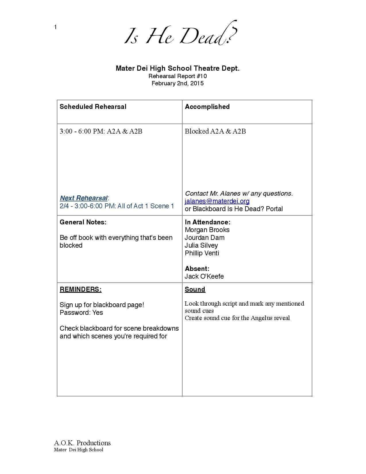 Page 1 Of Is He Dead? Rehearsal Report Example | Stage Pertaining To Rehearsal Report Template