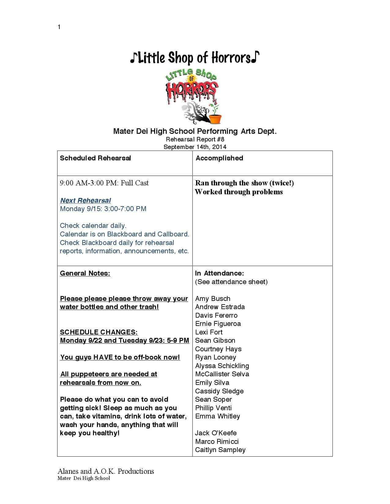 Page 1 Of Little Shop Of Horrors Rehearsal Report Example For Rehearsal Report Template