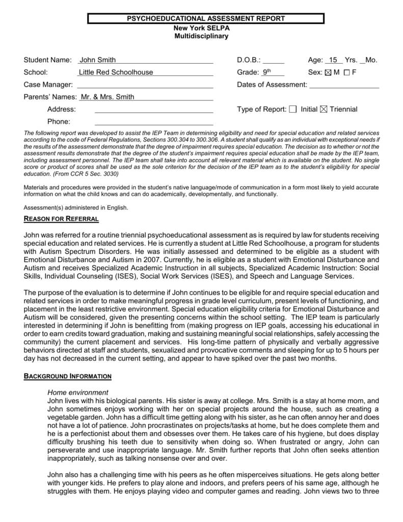 Page Of – Ventura County Selpa With Psychoeducational Report Template