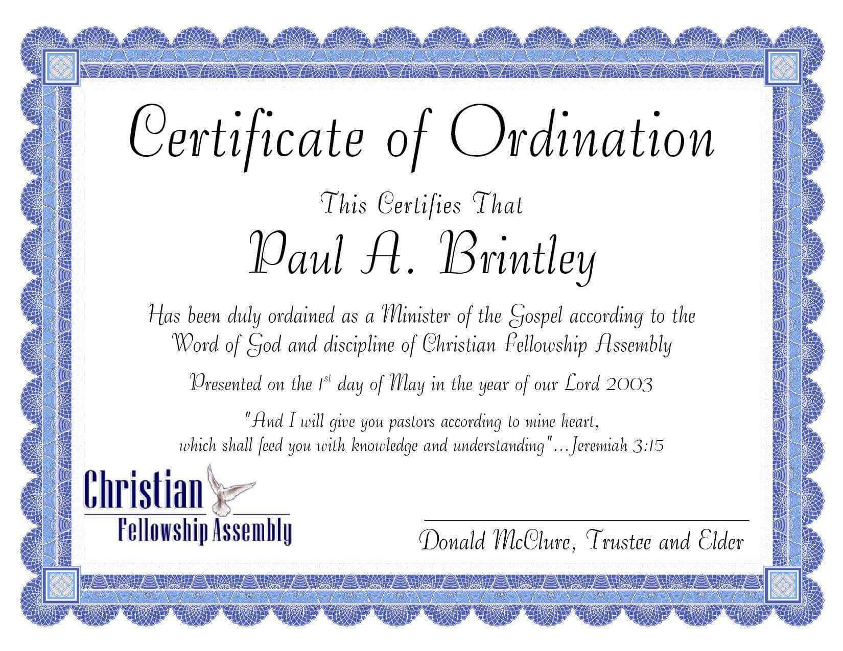 Pastoral Ordination Certificatepatricia Clay – Issuu Pertaining To Ordination Certificate Template