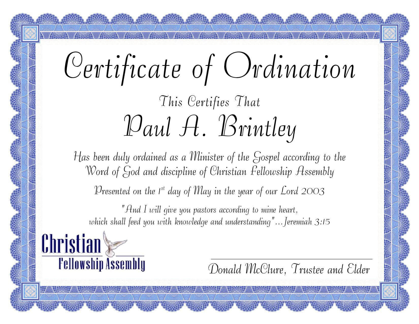 Pastoral Ordination Certificatepatricia Clay - Issuu Regarding Certificate Of Ordination Template