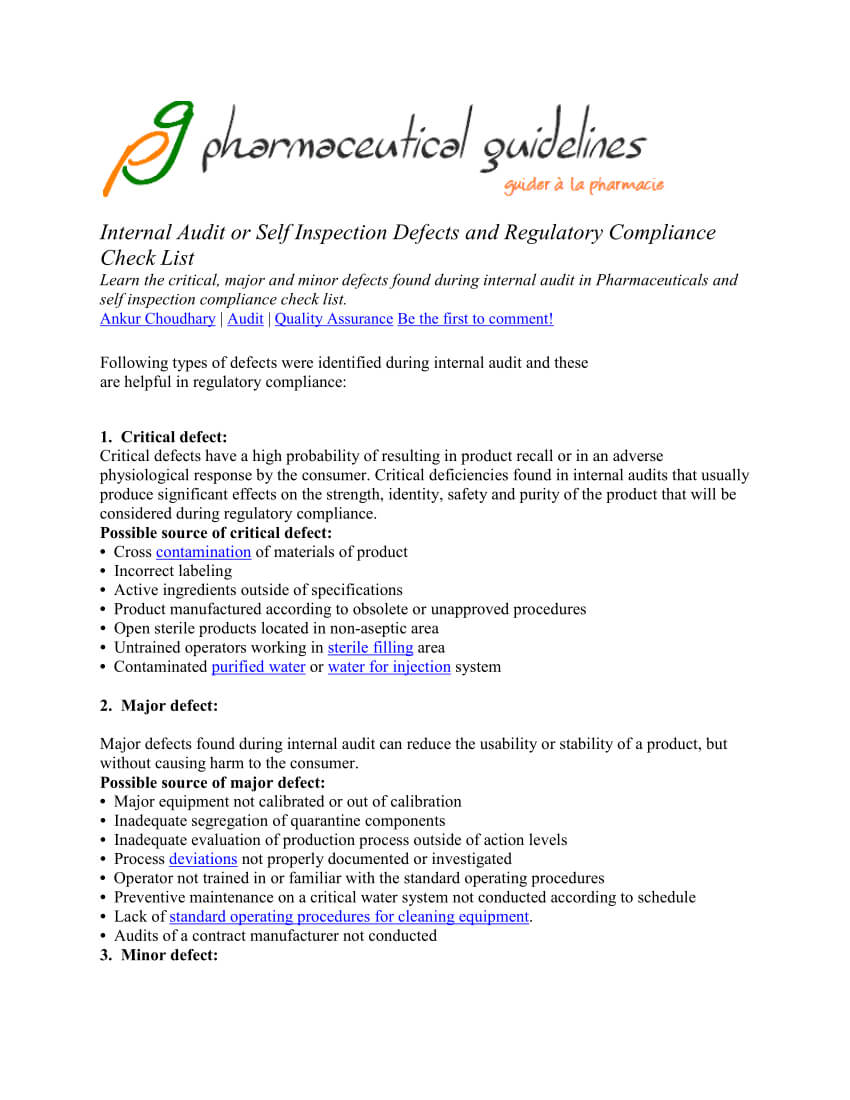 Pdf) Pharmaceutical Self Inspection Defects And Check List In Gmp Audit Report Template