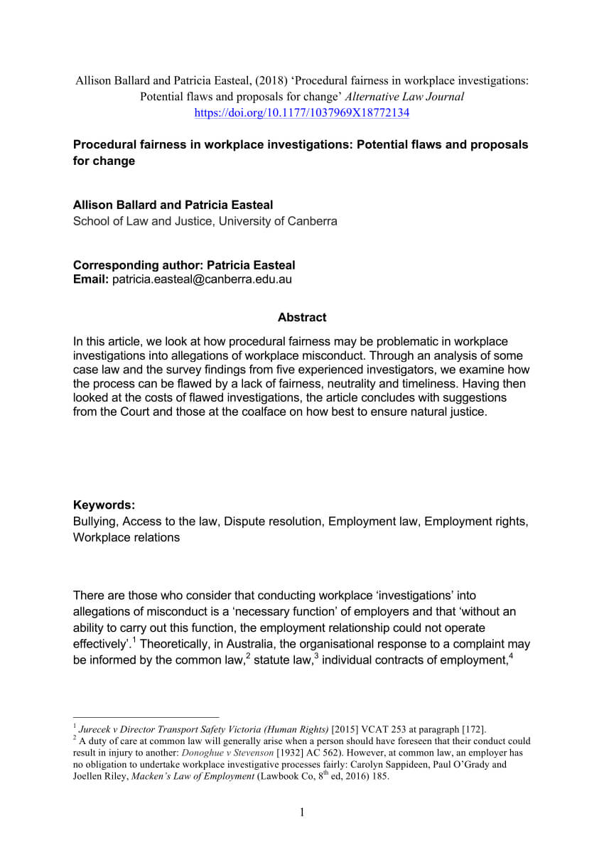 Pdf) Procedural Fairness In Workplace Investigations Pertaining To Investigation Report Template Disciplinary Hearing
