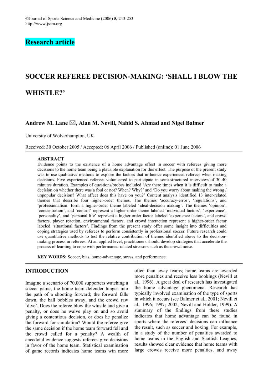 Pdf) Soccer Referee Decision Making: Shall I Blow The Whistle? For Soccer Referee Game Card Template