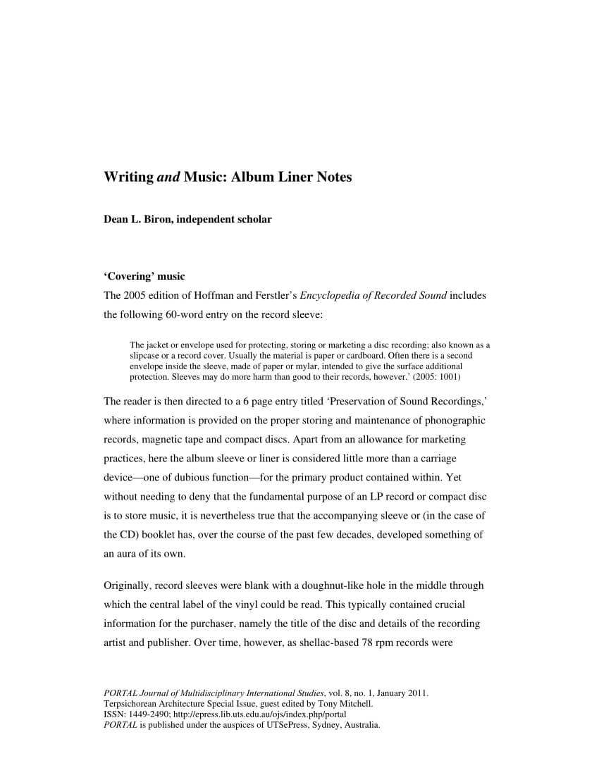 Pdf) Writing And Music: Album Liner Notes Throughout Cd Liner Notes Template Word