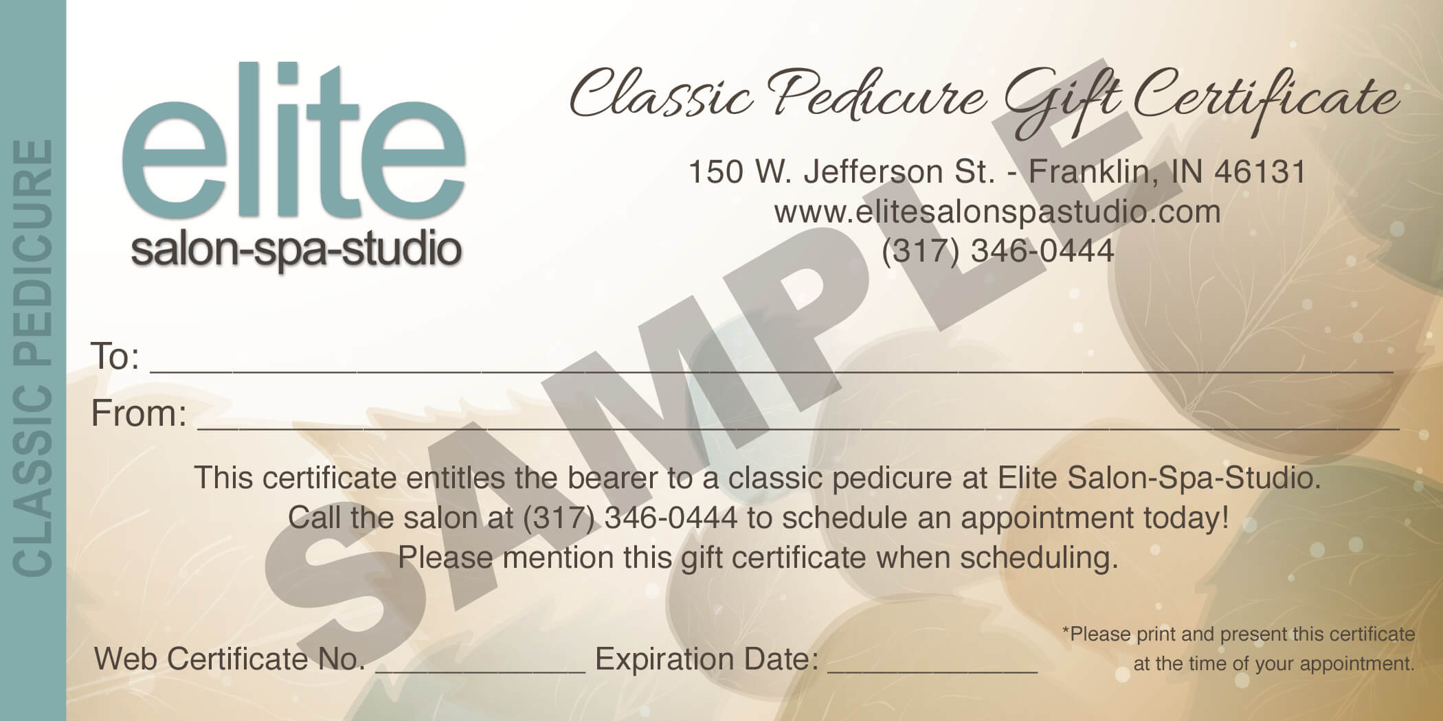 Pedicure Gift Certificate Sample – Elite Salon Spa Studio With Regard To Spa Day Gift Certificate Template