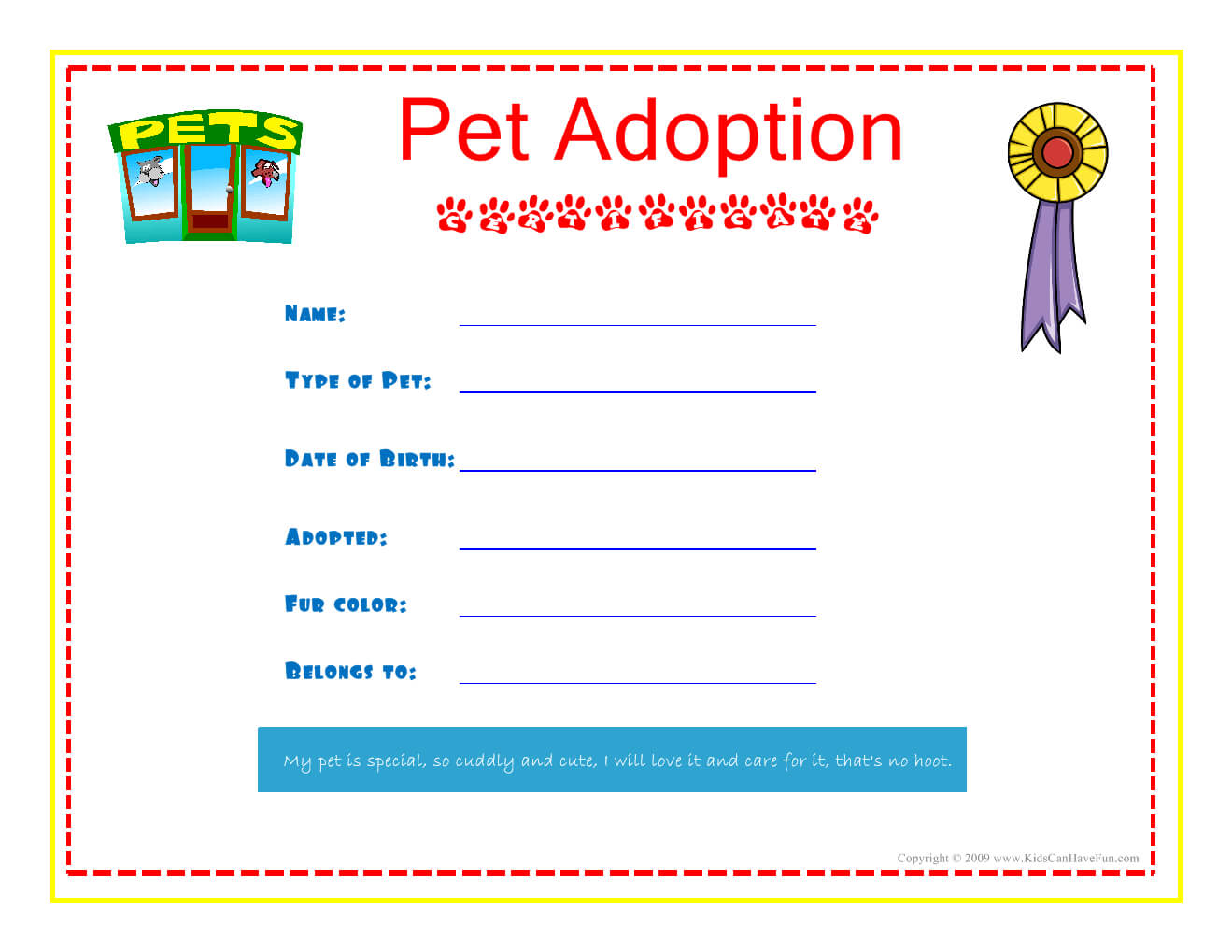 Pet Adoption Certificate For The Kids To Fill Out About With Pet Adoption Certificate Template