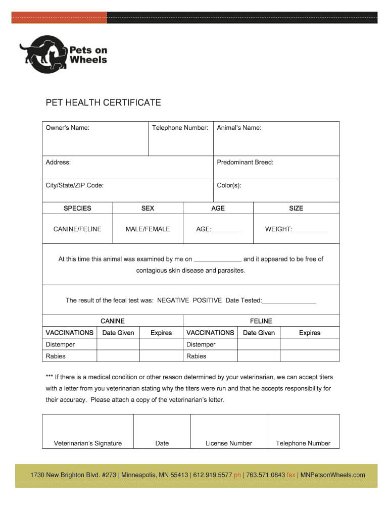 Pet Health Certificate Template – Fill Online, Printable Within Veterinary Health Certificate Template