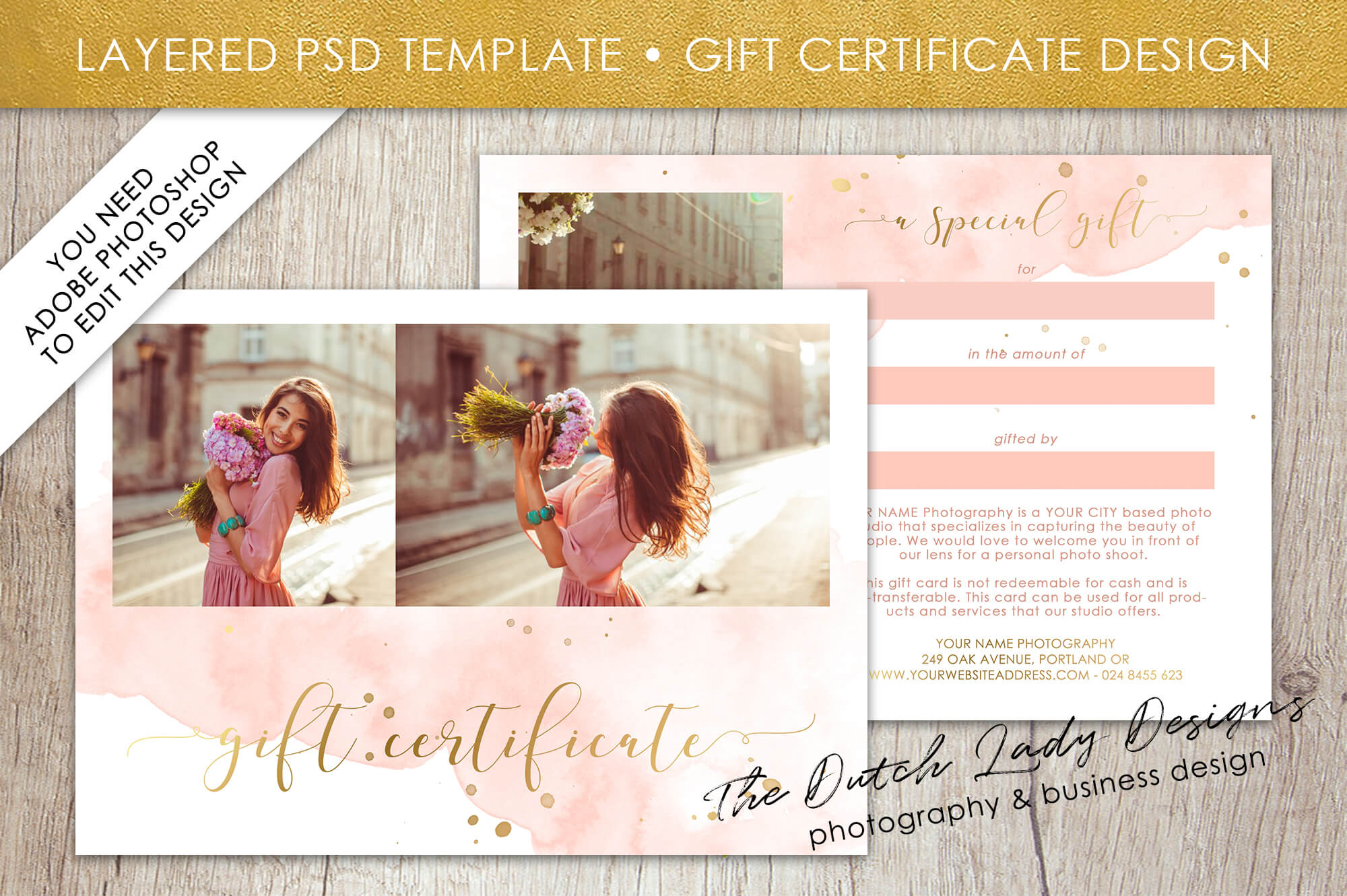 Photography Gift Certificate Template – Photo Gift Card – Watercolor Style  – Layered .psd Files – Design #43 For Gift Certificate Template Photoshop