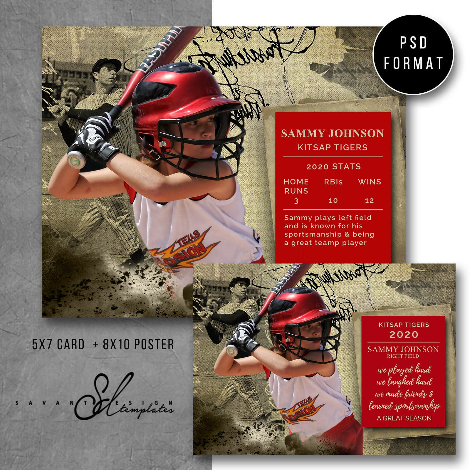 Photoshop Template, Sports Baseball Card And Poster, 16X20 Baseball Collage  Poster, 5X7 Baseball Photo Card, Photography Template, Spt25 In Baseball Card Template Psd