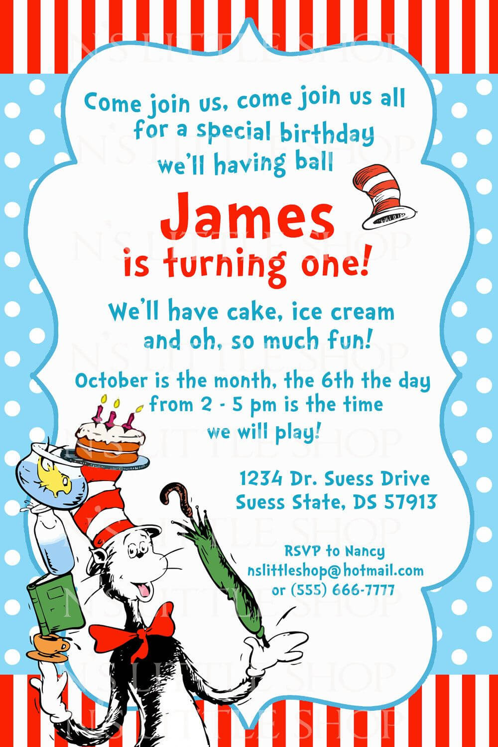 Pin On Cat In The Hat 1St Birthday Within Dr Seuss Birthday Card Template