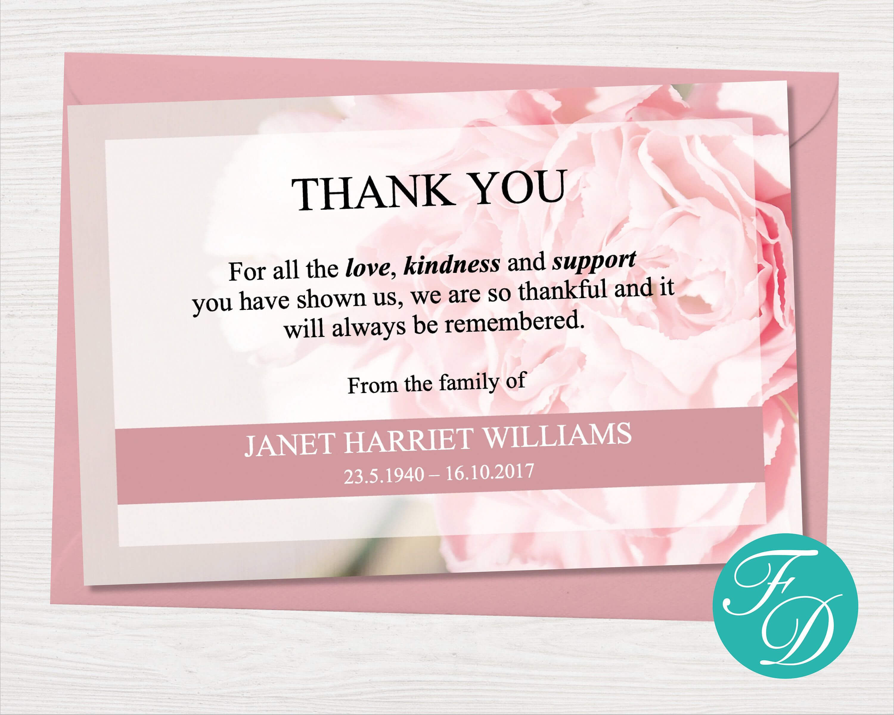 Pink Carnation Funeral Thank You Note – Funeral Template Regarding Thank You Card Template Word