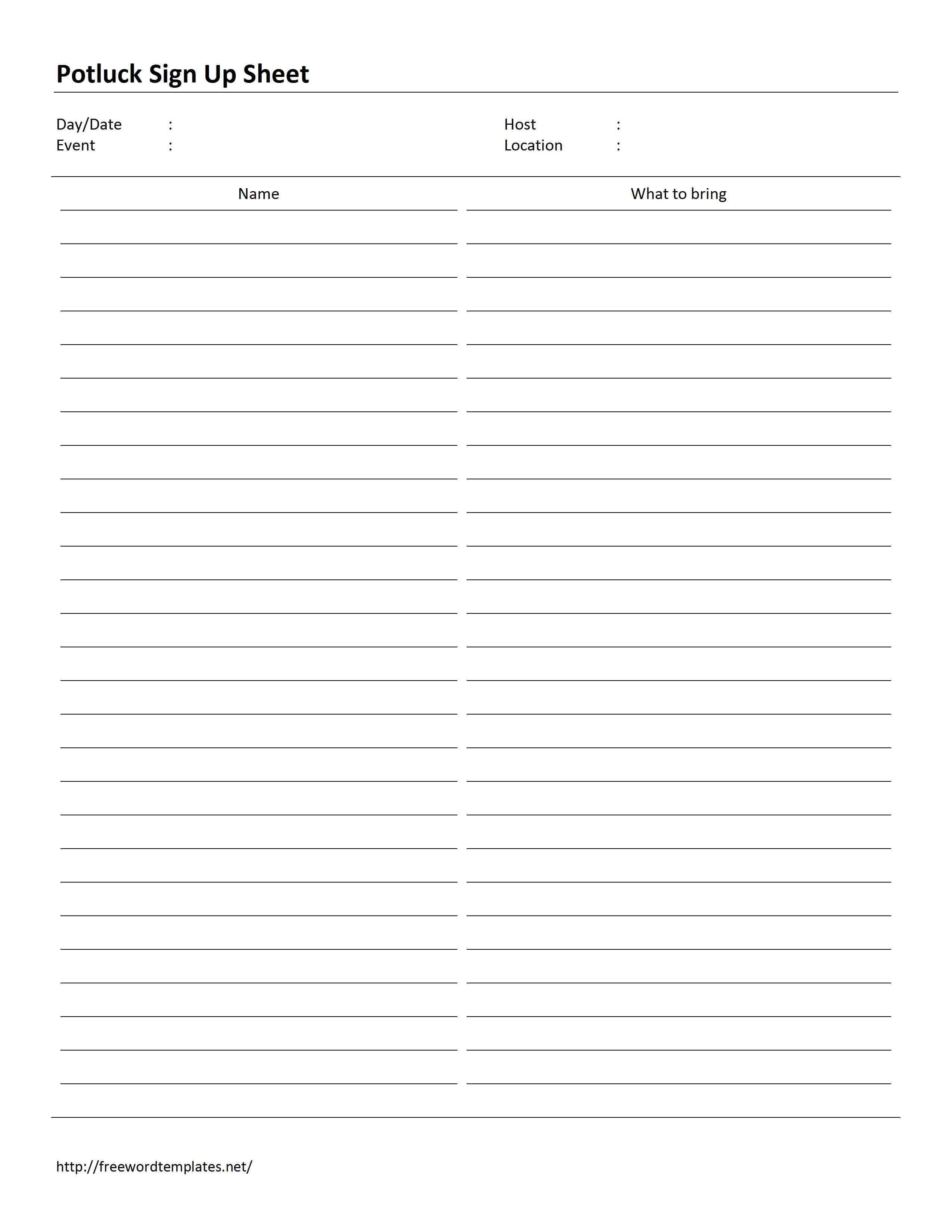 Potluck Sign Up Sheet Template Inside Potluck Signup Sheet Template Word