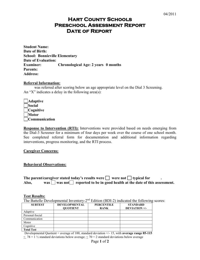 Preschool Evaluation Report Template Intended For Throughout Intervention Report Template