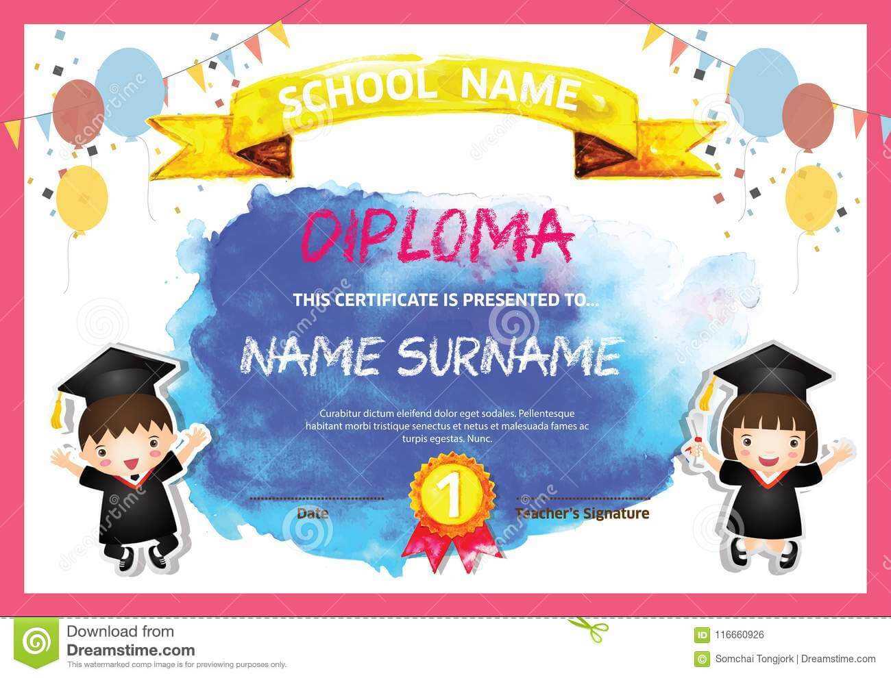 Preschool Kids Diploma Certificate Colorful Background Intended For Children's Certificate Template