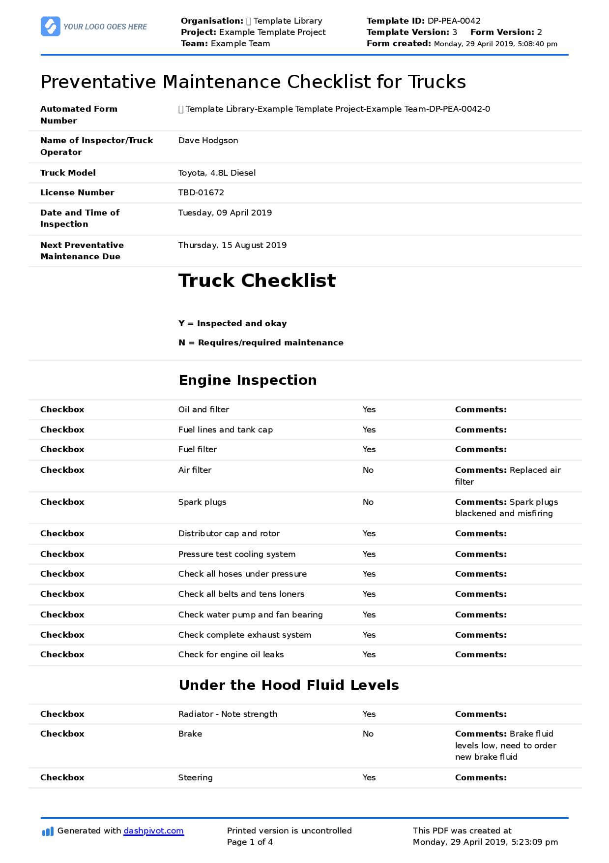 Preventative Maintenance Checklist For Trucks (Diesel Trucks Regarding Computer Maintenance Report Template