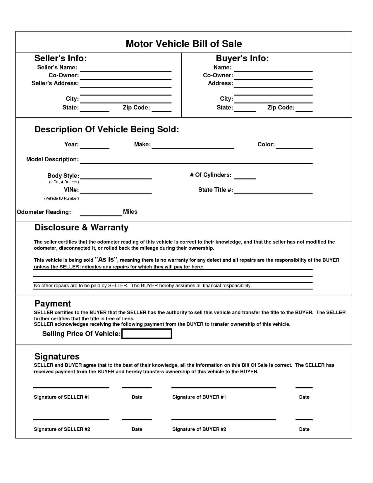 Printable Car Bill Of Sale Pdf | Bill Of Sale For Motor In Car Bill Of Sale Word Template