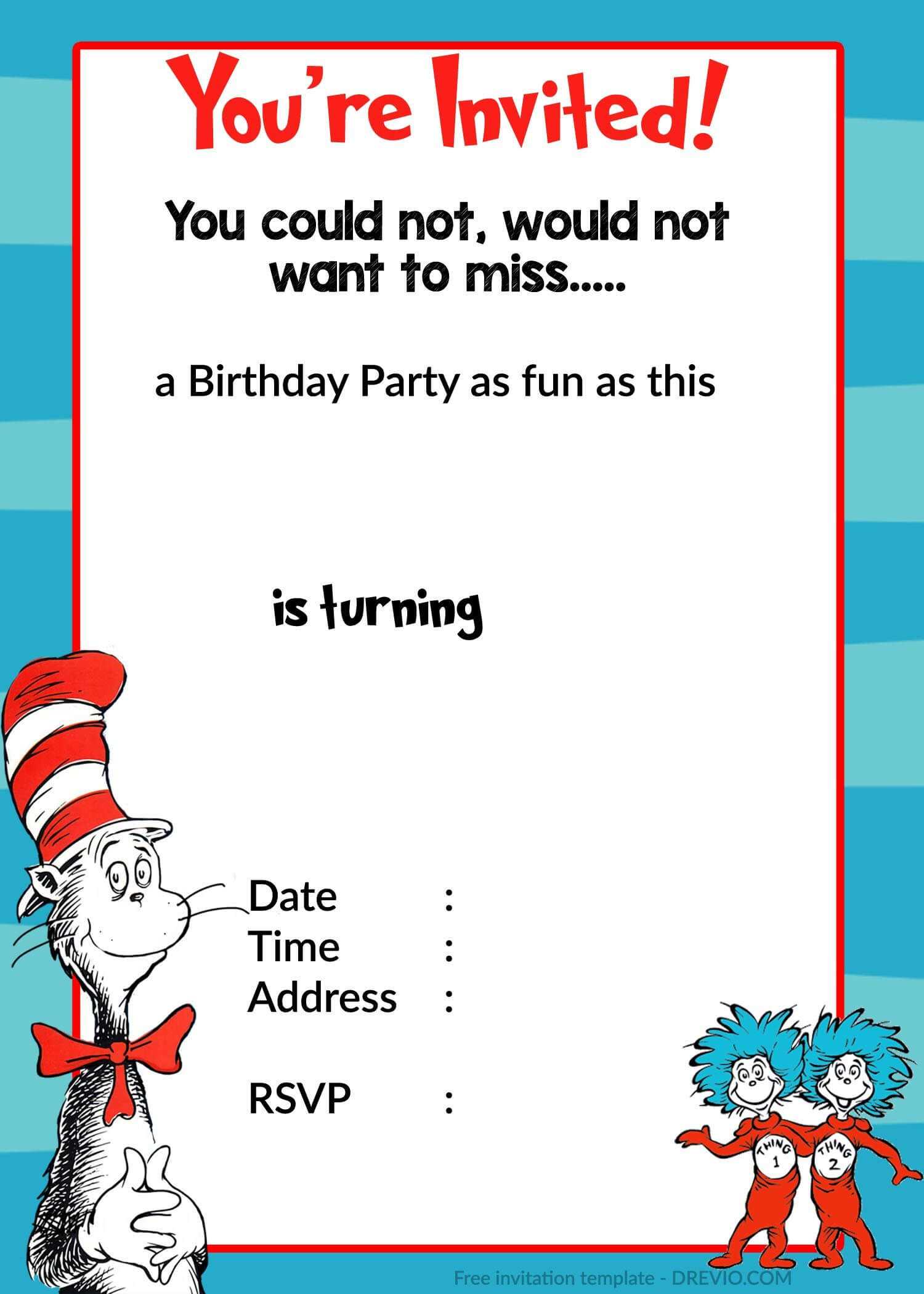 Printable Dr. Seuss Birthday | Birthday Invitation For For Dr Seuss Birthday Card Template