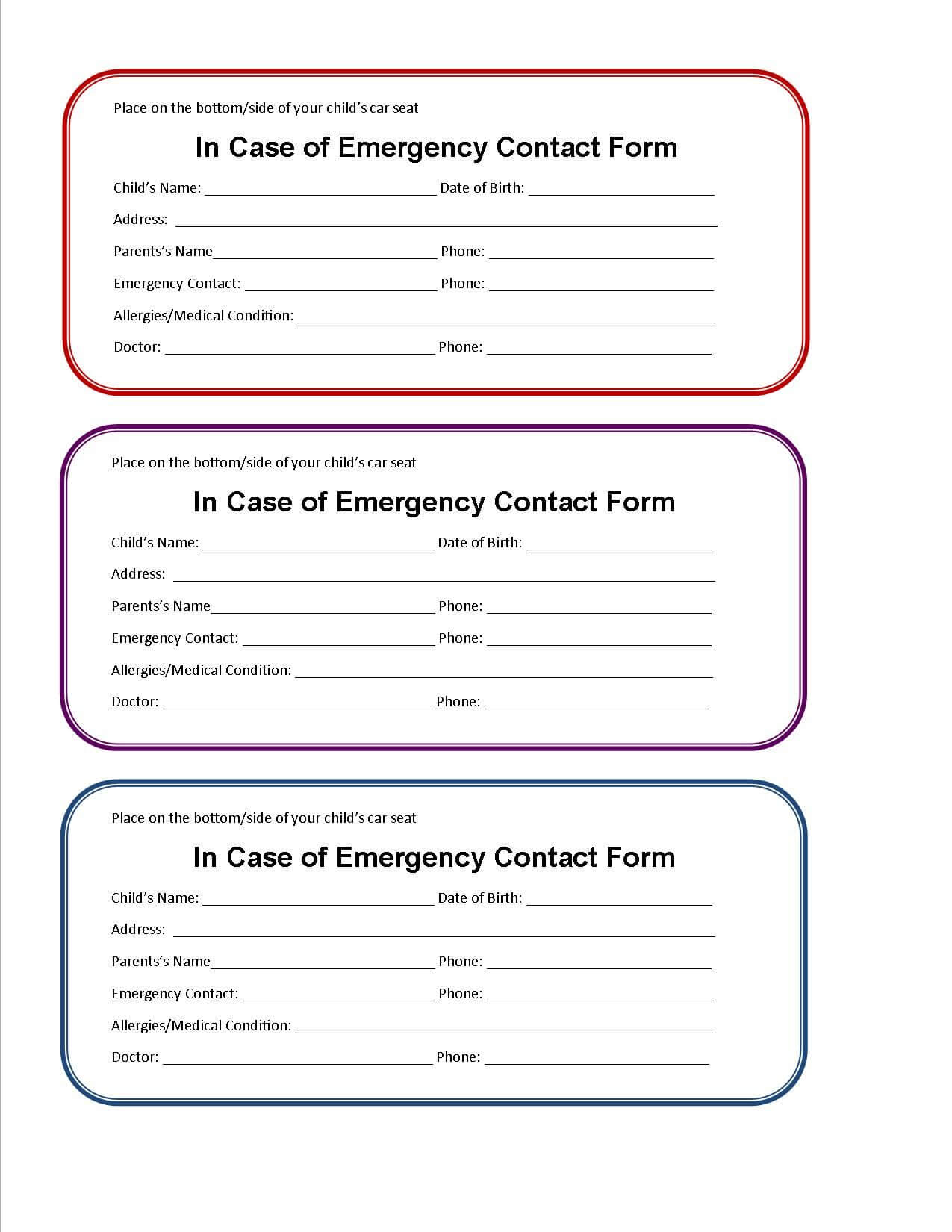 Printable Emergency Contact Form For Car Seat | Emergency Intended For In Case Of Emergency Card Template