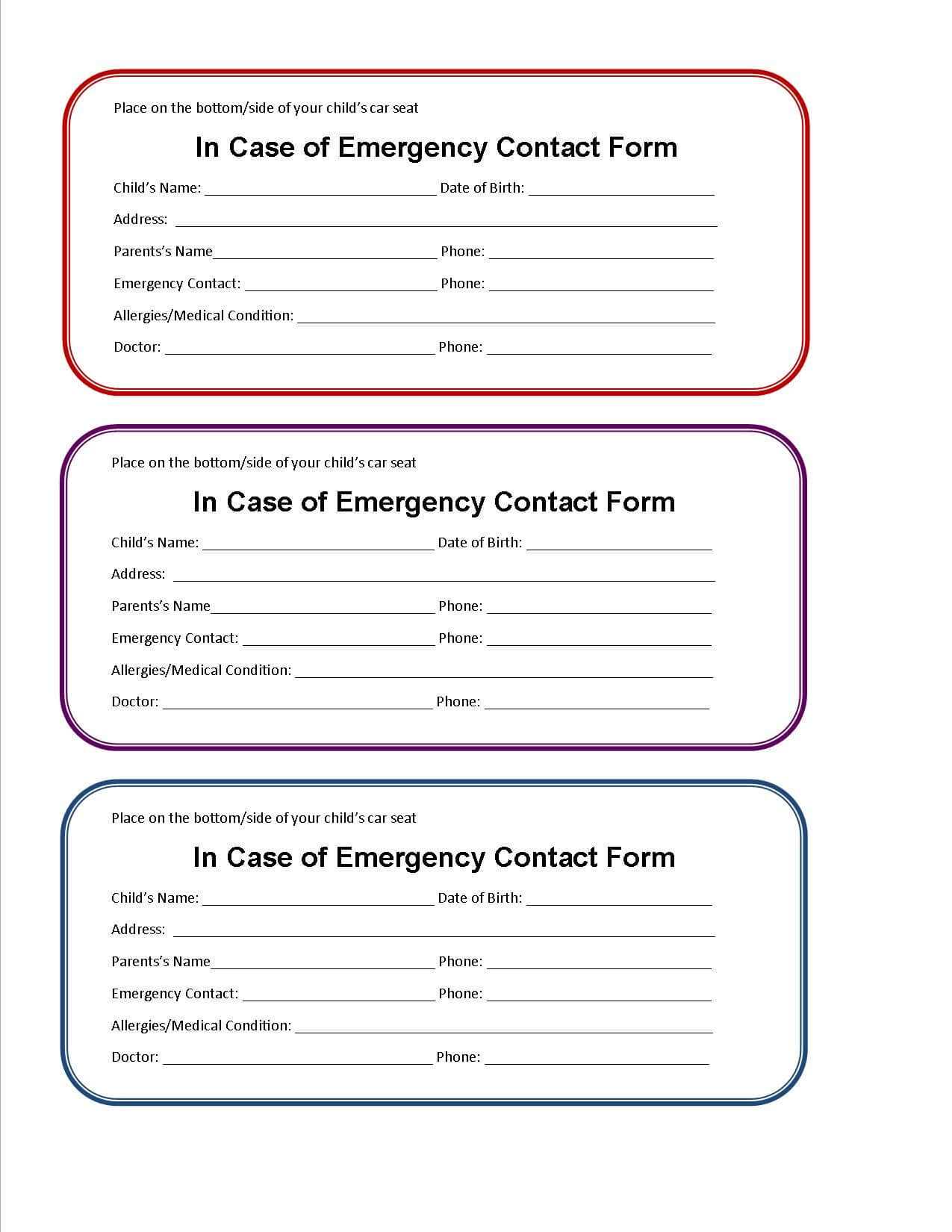 Printable Emergency Contact Form For Car Seat | Super Mom I Throughout Emergency Contact Card Template