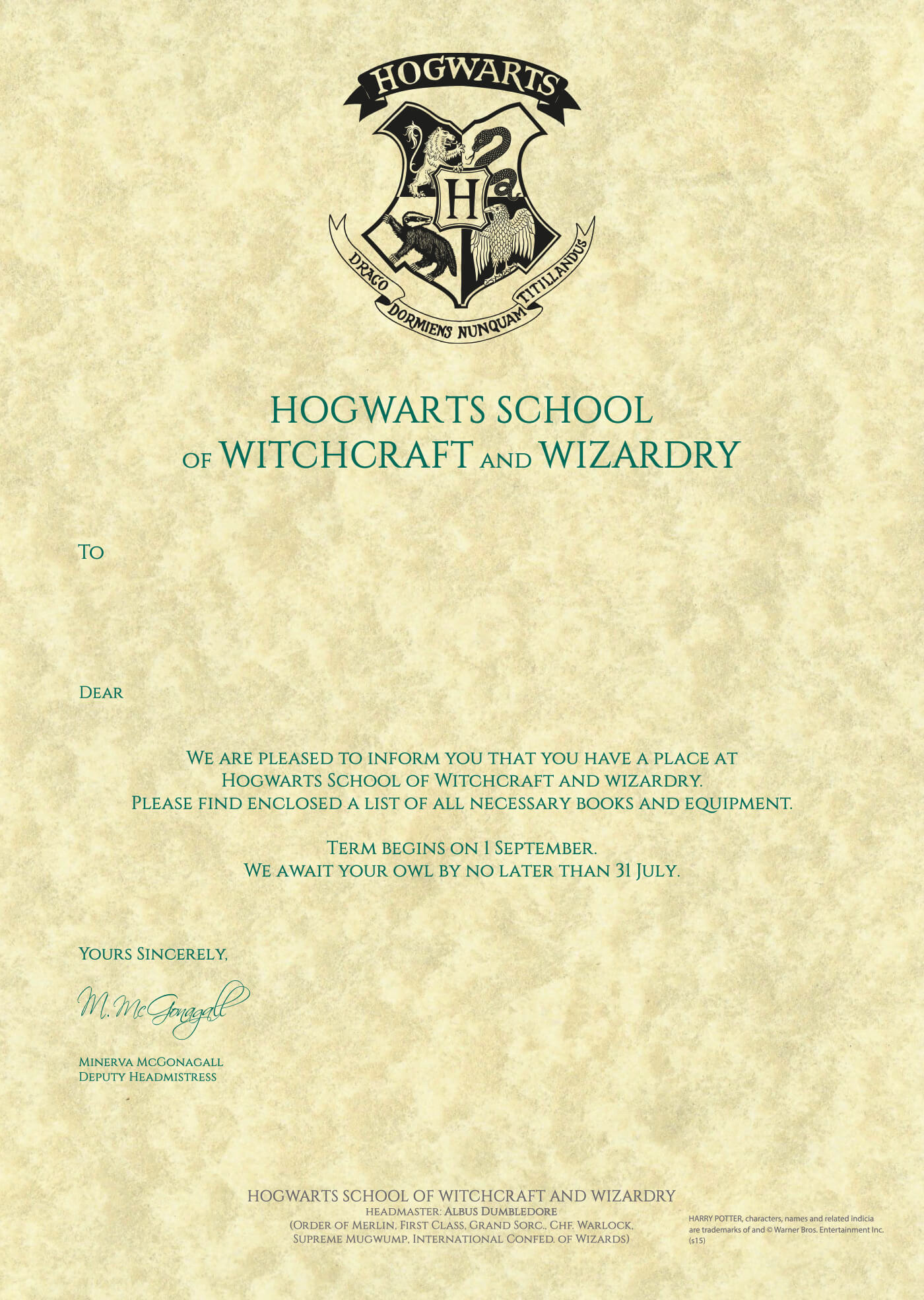 Printable Hogwarts Acceptance Letter Sample Harry Potter With Regard To Harry Potter Certificate Template