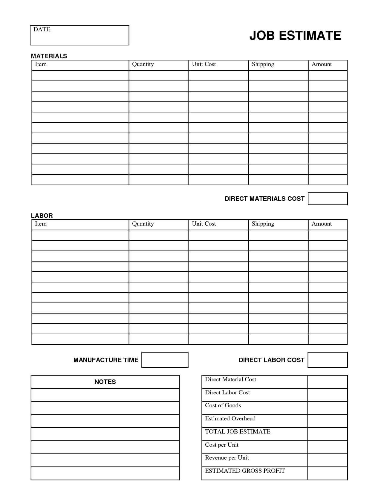 Printable Job Estimate Forms | Job Estimate Free Office Form In Blank Estimate Form Template