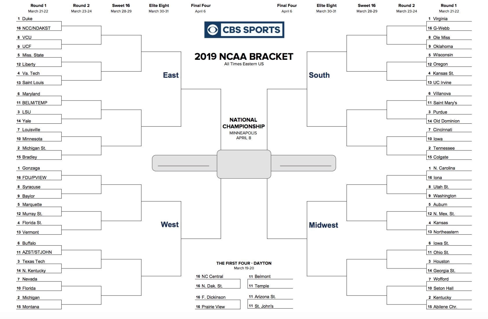 Printable Ncaa Tournament Bracket For March Madness 2019 Pertaining To Blank Ncaa Bracket Template