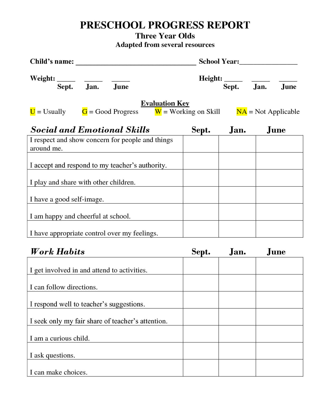 Printable Preschool Progress Report Template | Kg Intended For Preschool Progress Report Template