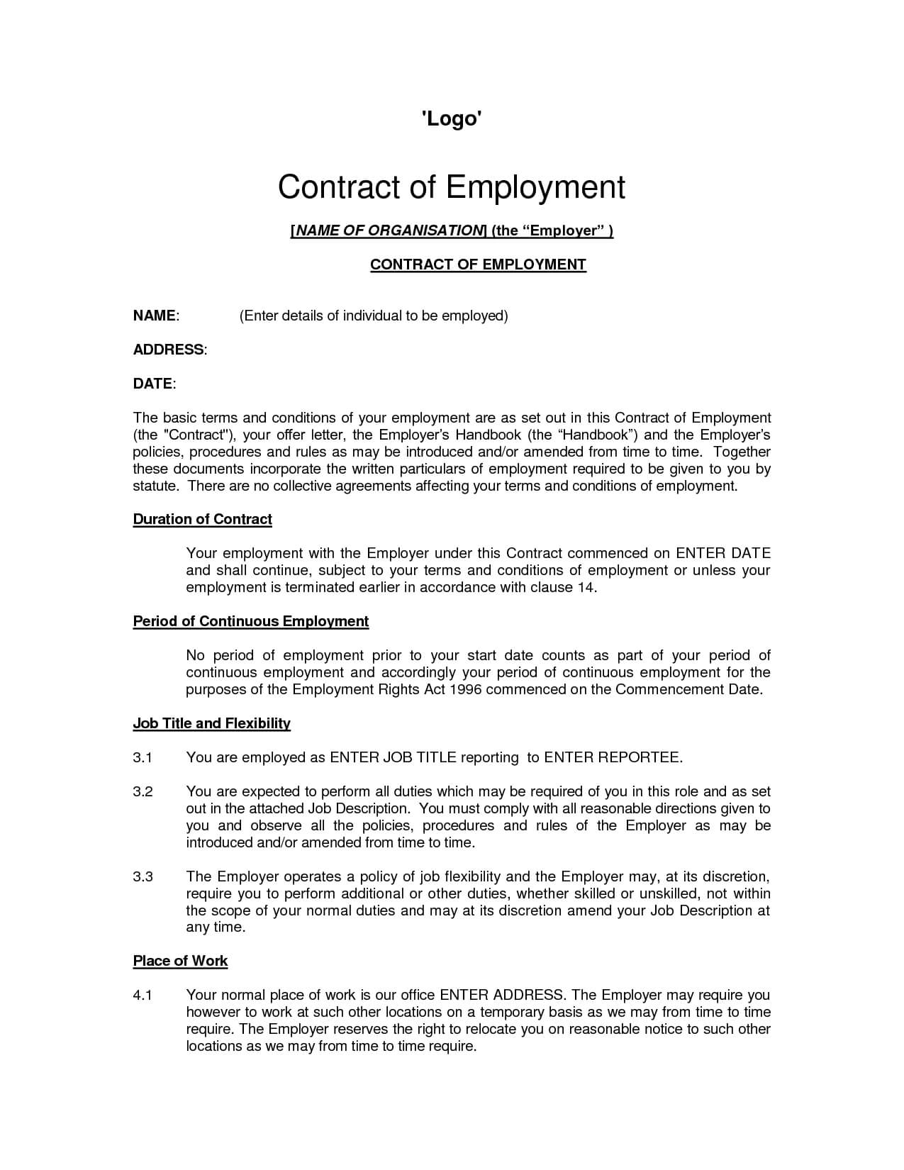 Printable Sample Employment Contract Sample Form | Laywers For Nanny Contract Template Word