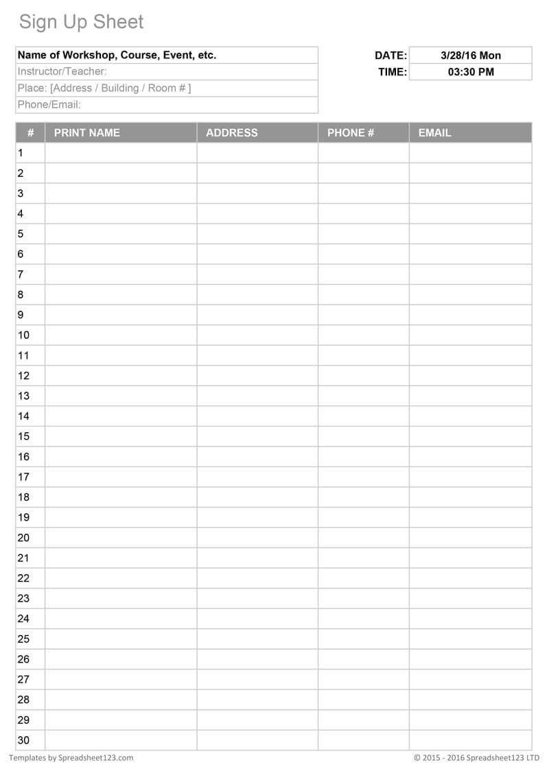 Printable Sign Up Worksheets And Forms For Excel, Word And For Free Sign Up Sheet Template Word