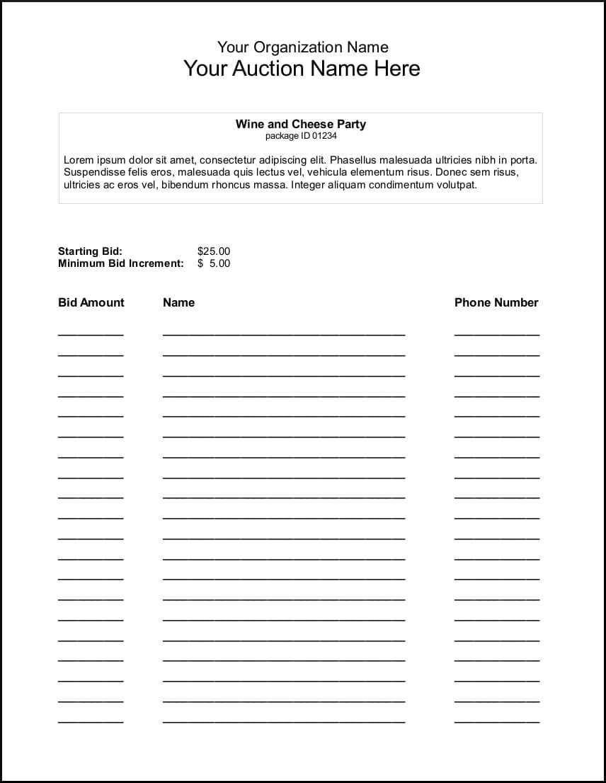 Printable Silent Auction Bid Sheets | Template Business Design Throughout Auction Bid Cards Template